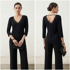 Montagne Black Crochet V-Back Strap Top 3/4 Sleeve Blouse Petite Large PL